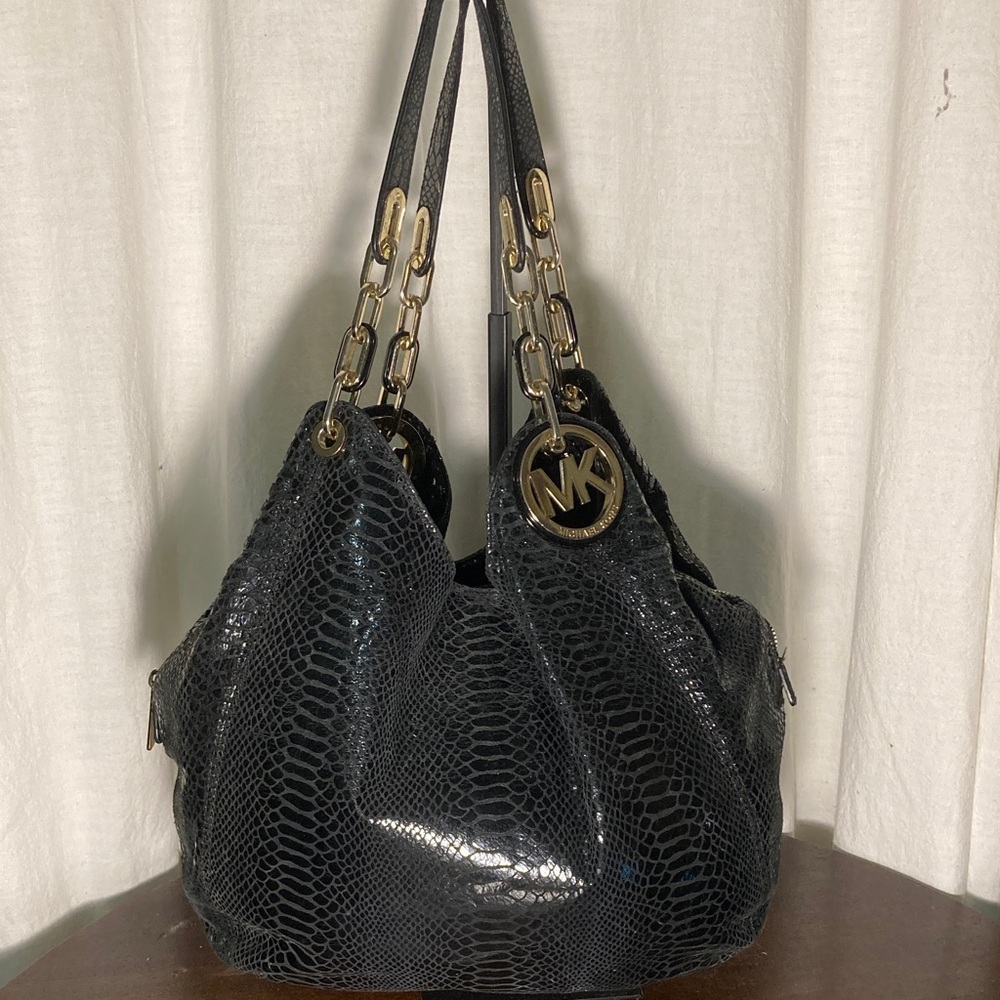 Michael Kors Black Fulton  Snake-Embossed Hobo Bag with Gold Hardware